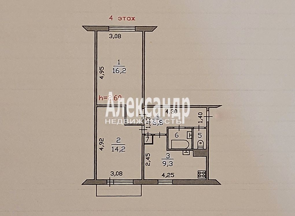 2-комнатная квартира площадью 51 м2