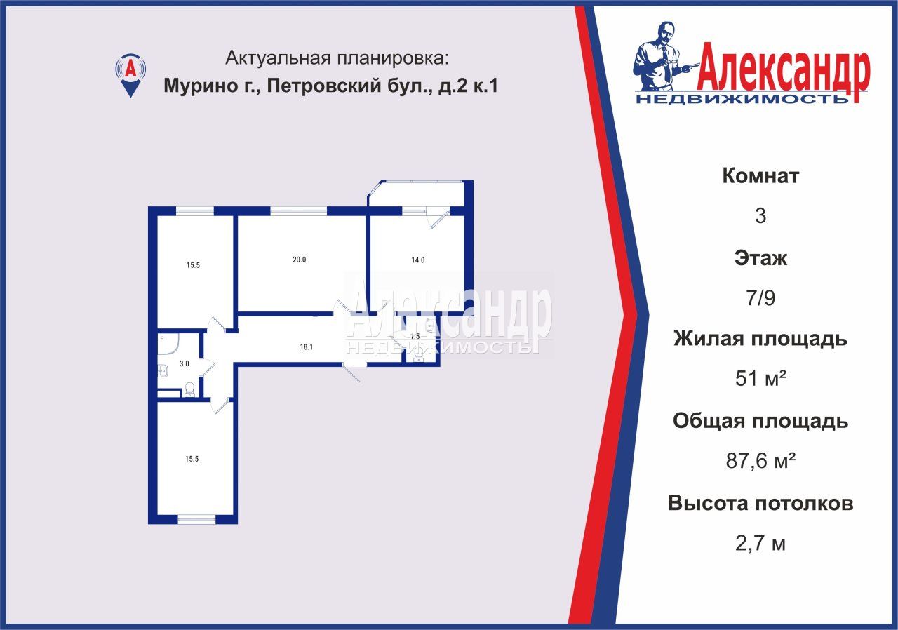 3-комнатная квартира (88м2) на продажу по адресу Ленинградская область, Всеволожский район, Мурино, Петровский бульвар, 2к1, подъезд 7— фото 2 из 26