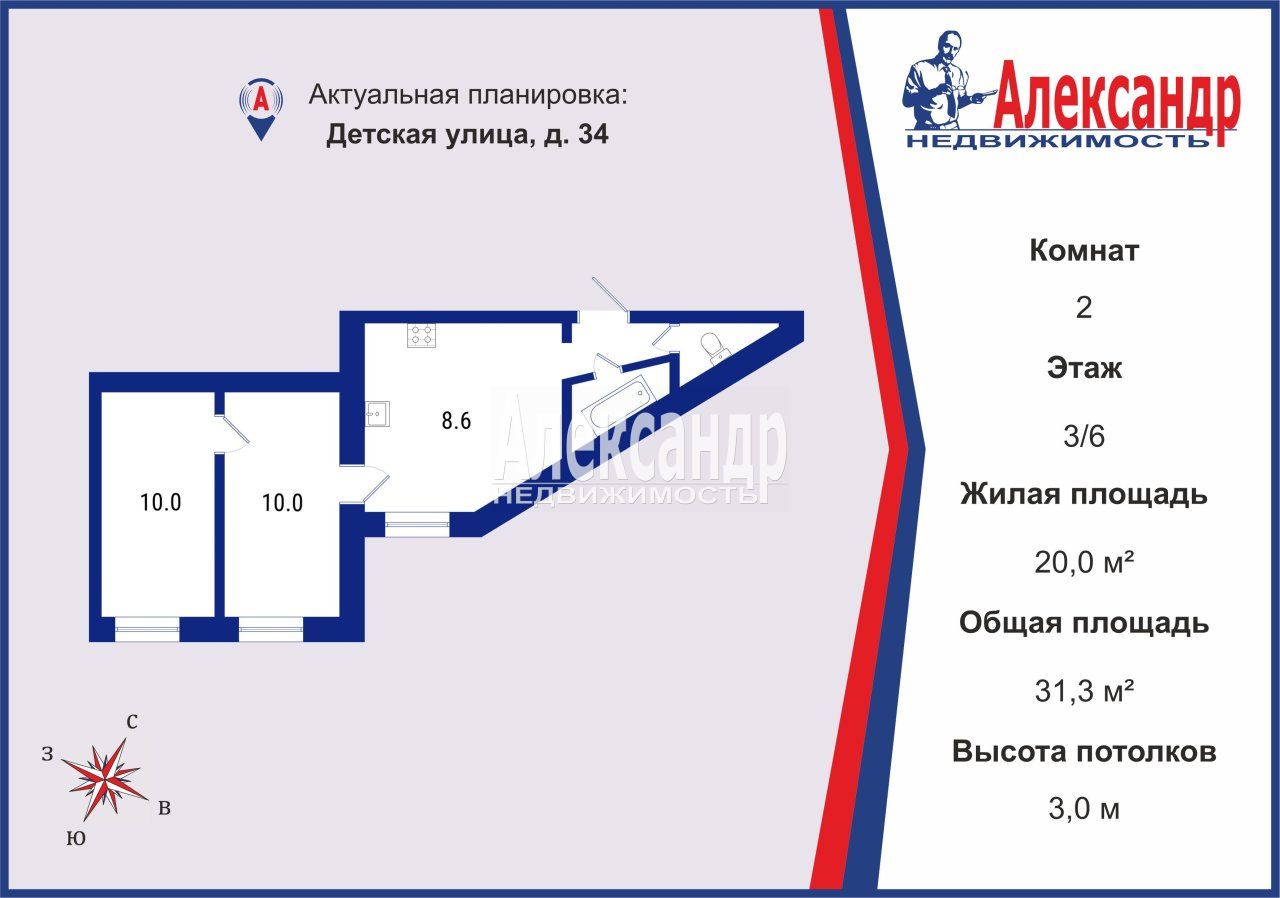 2-комнатная квартира площадью 31 м2