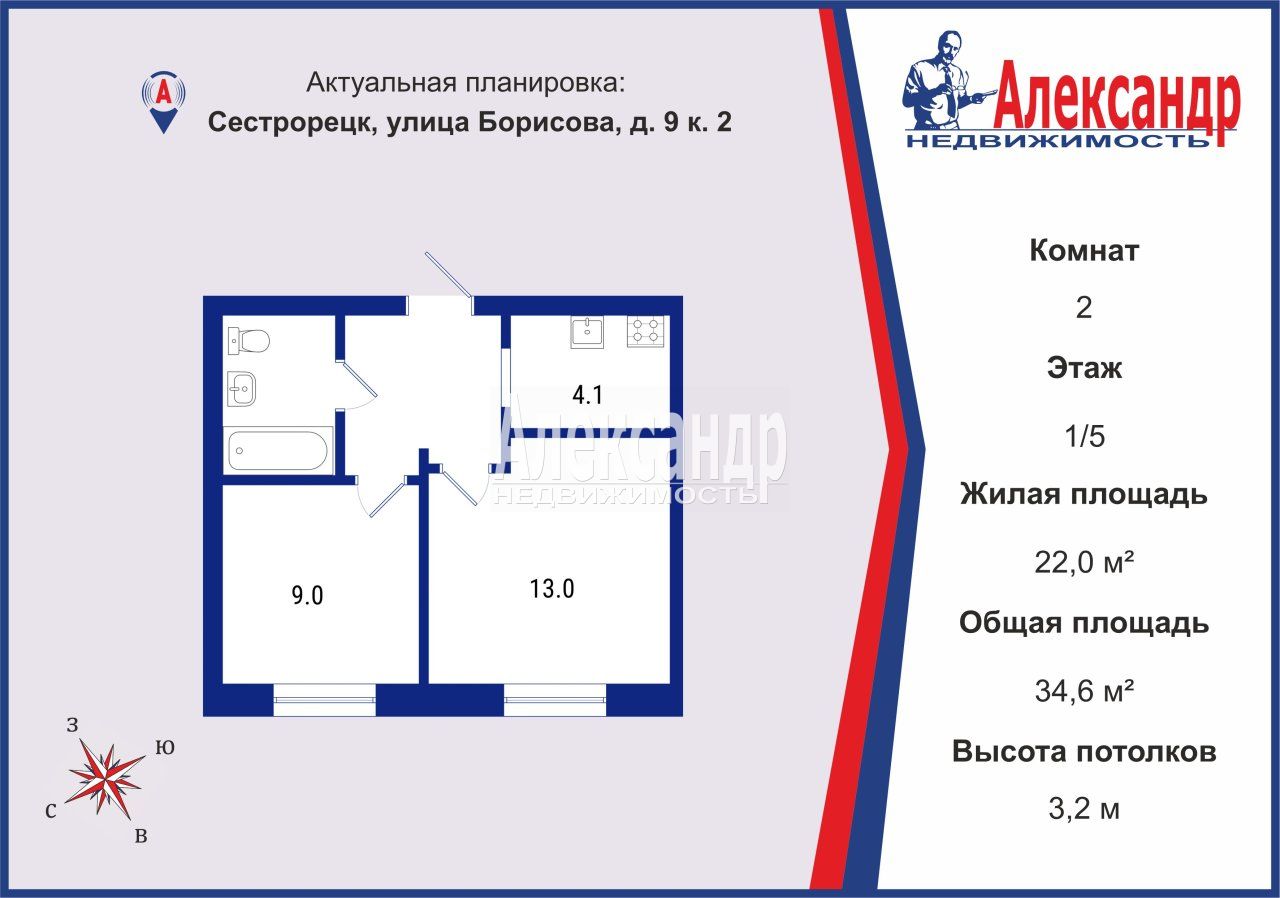 2-комнатная квартира площадью 35 м2