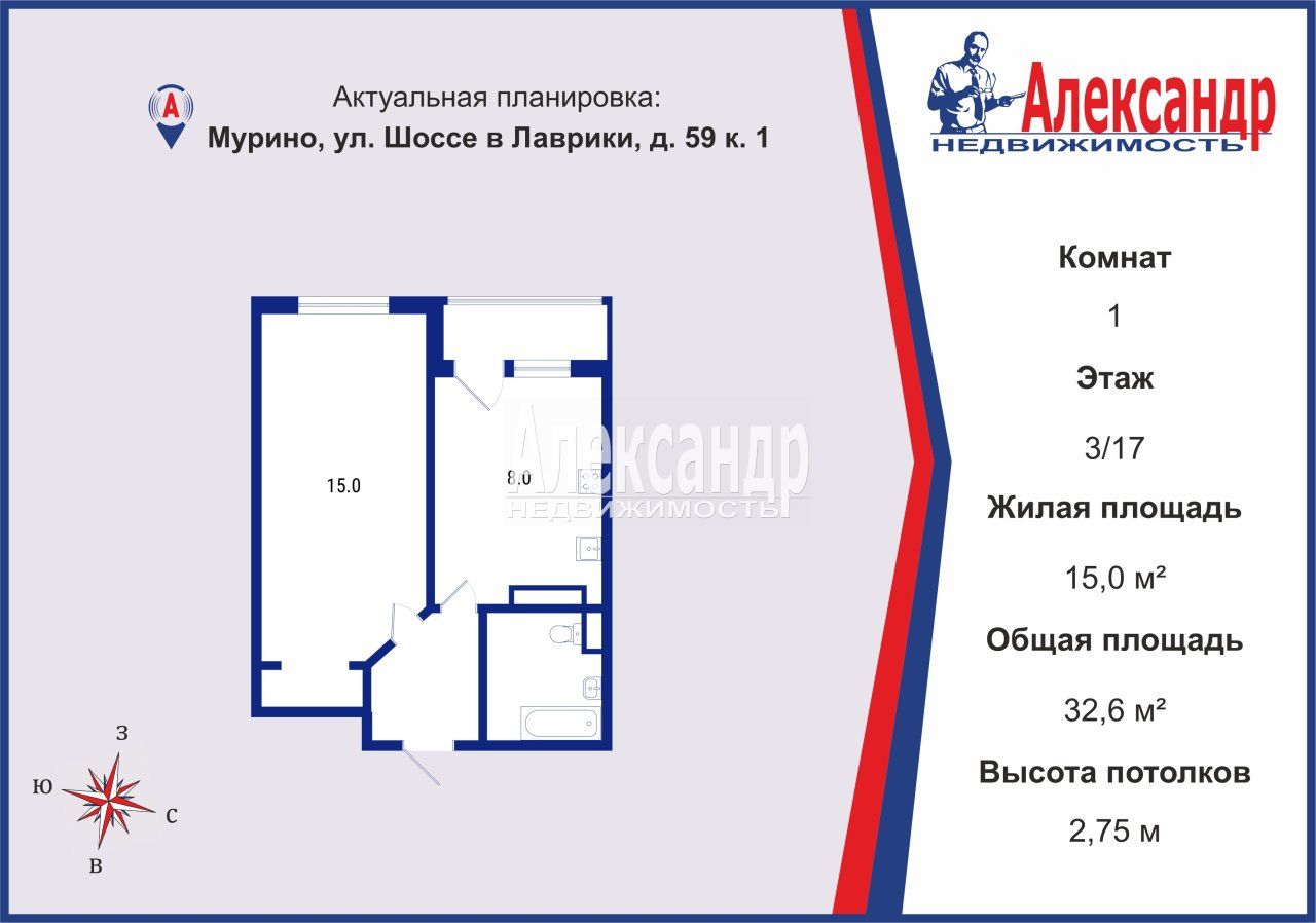 1-комнатная квартира площадью 33 м2