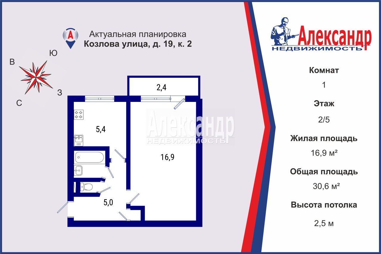 1-комнатная квартира площадью 31 м2