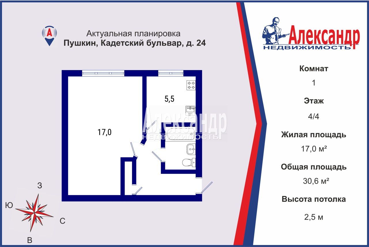 1-комнатная квартира площадью 31 м2
