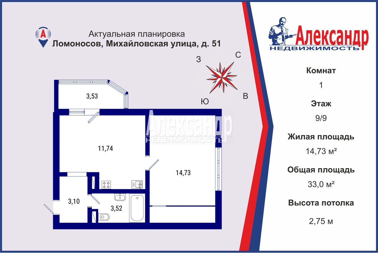 1-комнатная квартира (33м2) на продажу по адресу Санкт-Петербург, Ломоносов, Михайловская улица, 51— фото 1 из 27